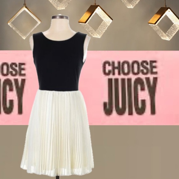 Y2K Vintage JUICY COUTURE Black\Ivory Silk Accordion Pleated Mini Dress Sz 0 - Picture 2 of 9